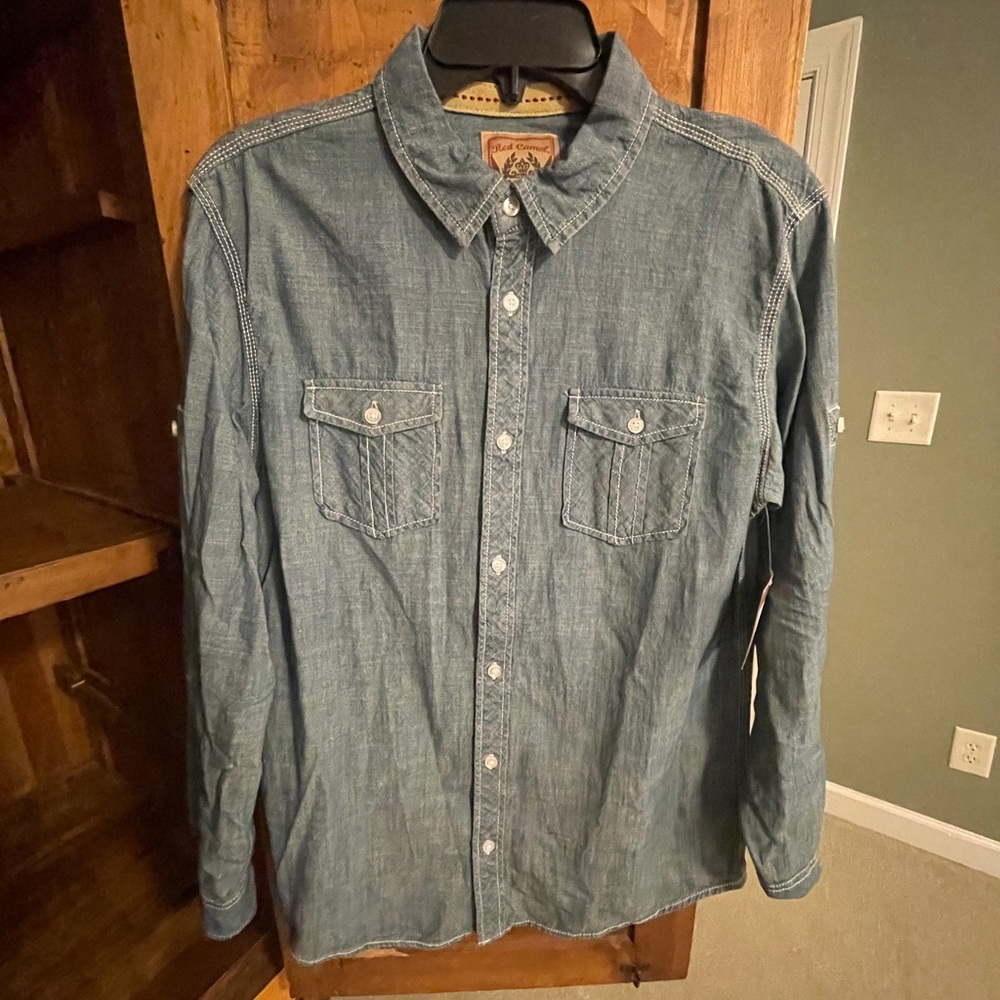 Boy's Red Camel chambrey/denim long-sleeve/tab roll-up sleeves shirt - s…
